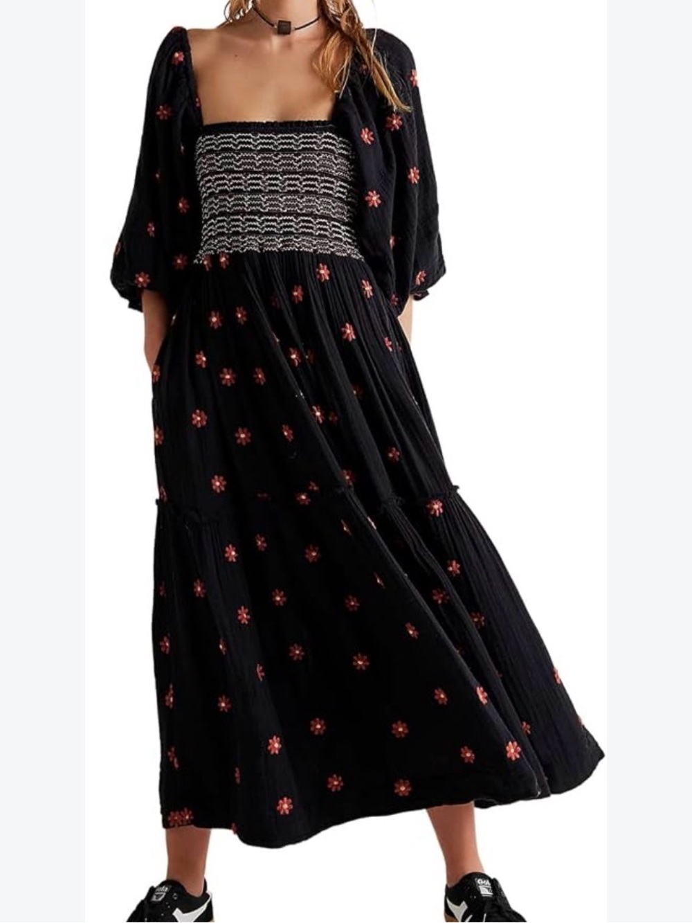 Forever 21 Black Maxi Dress with Pink Floral Embroidery